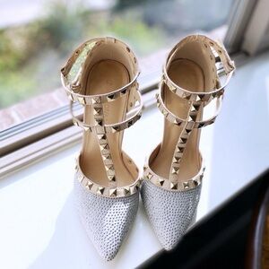 NEW T-Strap Studded Heels in Silver Suede